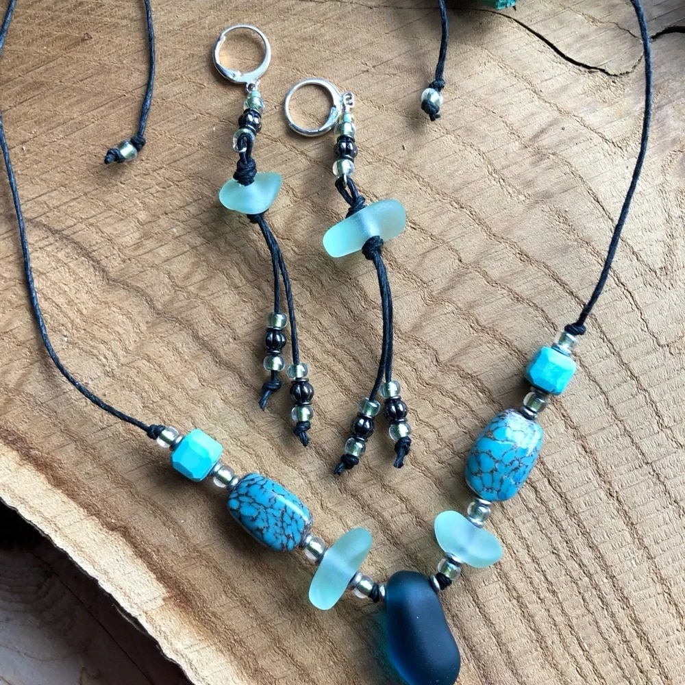 Blue‎ Sea Glass and Turquoise Beaded Necklace, Adjustable